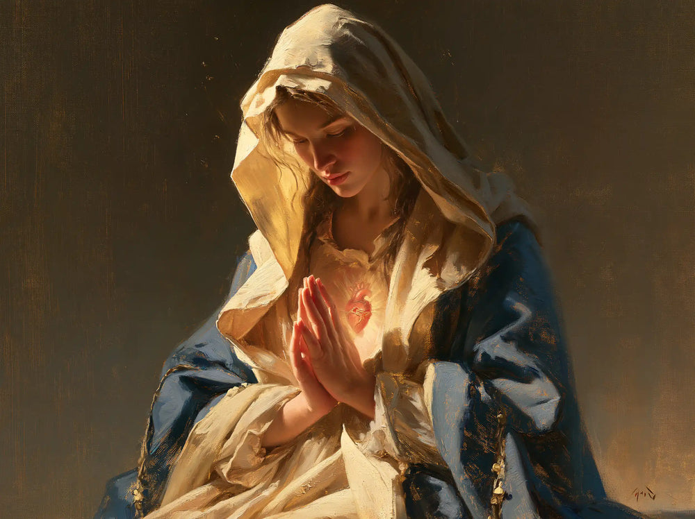 the Immaculate Heart of Mary in devotional silence in The Silence of Devotion style, landscape Christian artwork no. 1