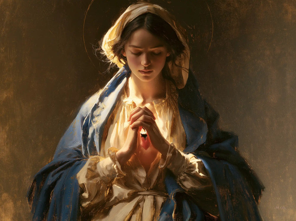 the Immaculate Heart of Mary in devotional silence in The Silence of Devotion style, landscape Christian artwork no. 9