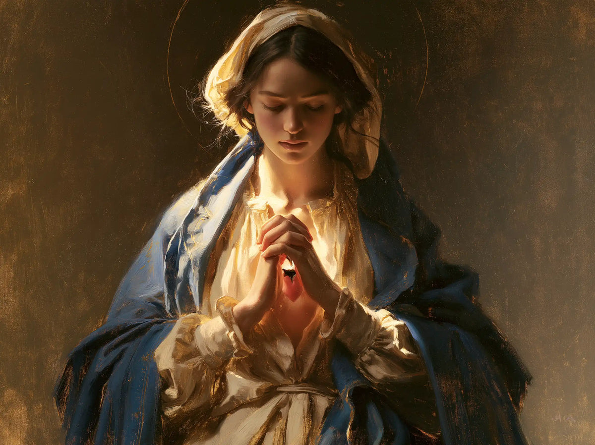 the Immaculate Heart of Mary in devotional silence in The Silence of Devotion style, landscape Christian artwork no. 9