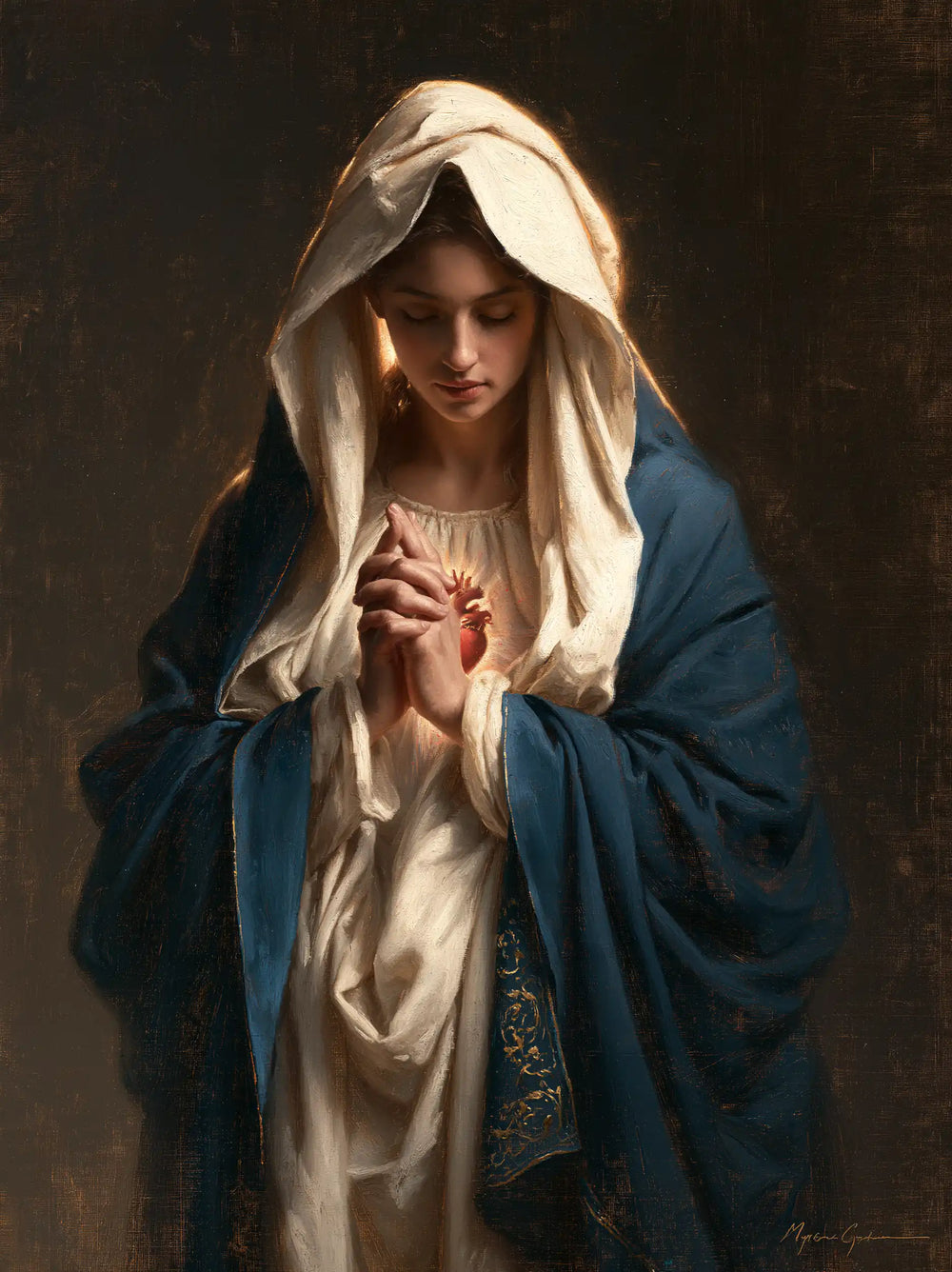 the Immaculate Heart of Mary in devotional silence in The Silence of Devotion style, portrait Christian artwork no. 9