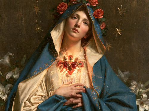 the Immaculate Heart of Mary in a symbolist composition in Symbolist style, landscape Christian artwork no. 3