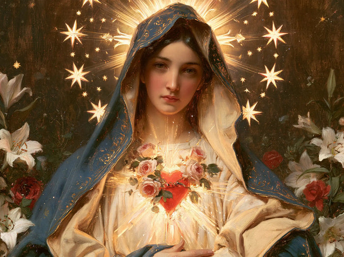 The Immaculate Heart of Mary — The Rose Heart Beneath the Burning Constellation
