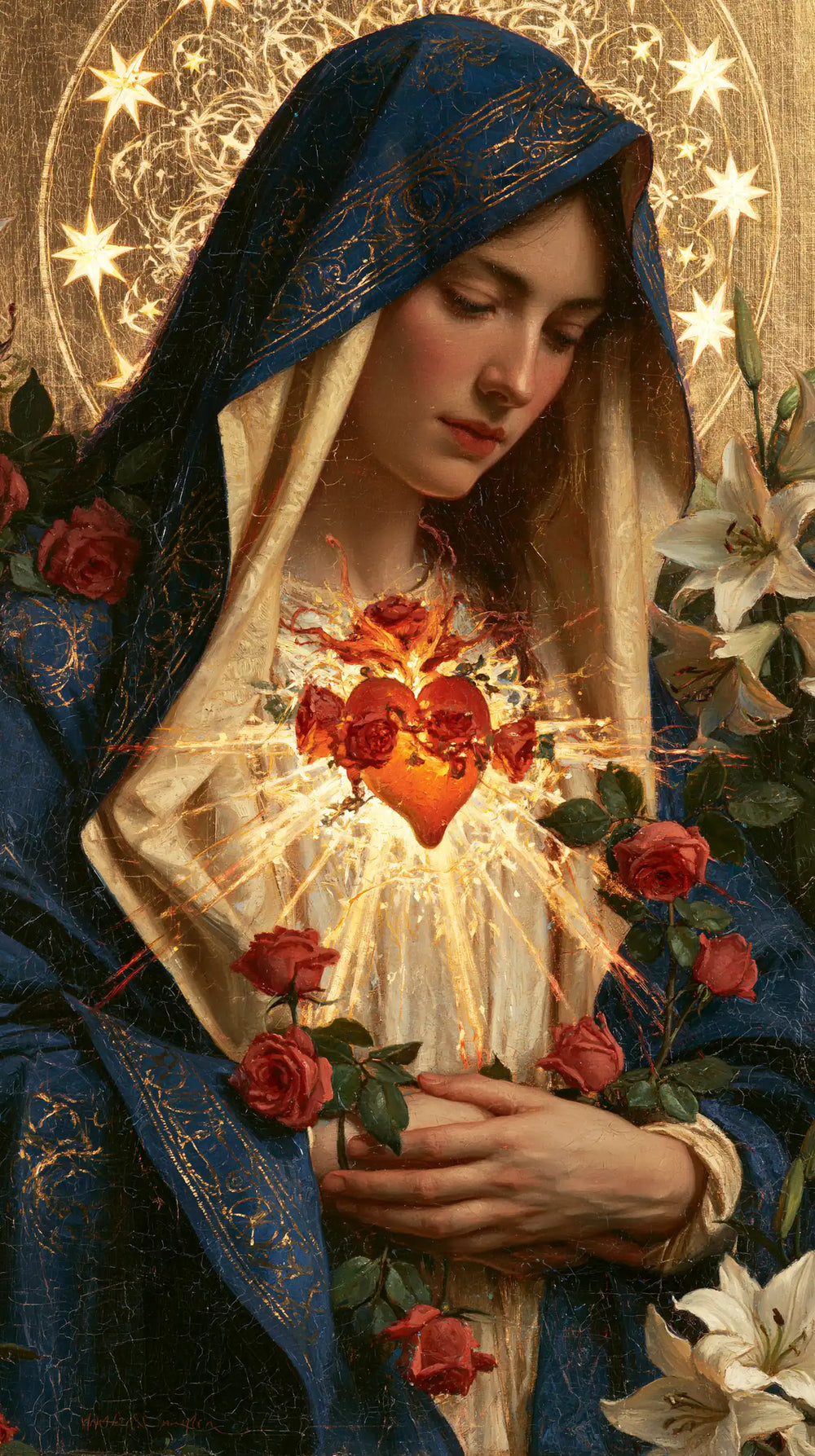 the Immaculate Heart of Mary in a symbolist composition in Symbolist style, portrait Christian artwork no. 7