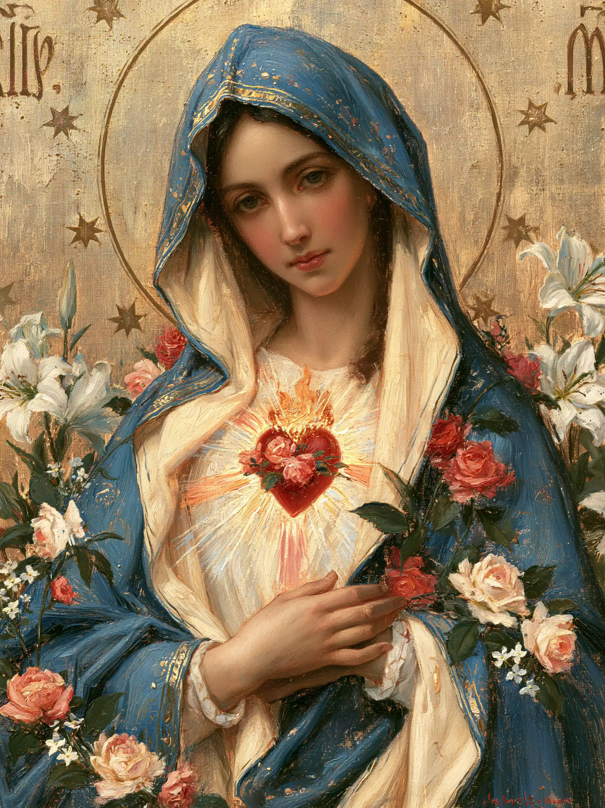 the Immaculate Heart of Mary in a symbolist composition in Symbolist style, portrait Christian artwork no. 13