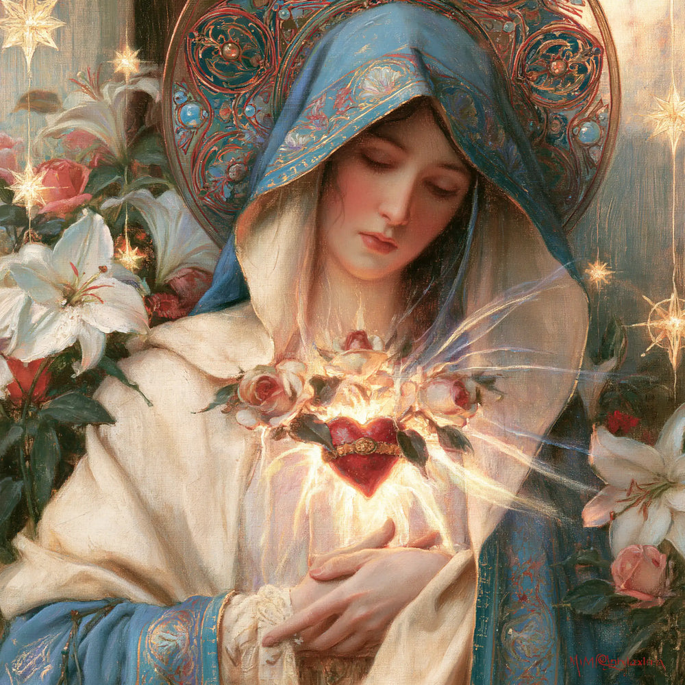 the Immaculate Heart of Mary in a symbolist composition in Symbolist style, square Christian artwork no. 2