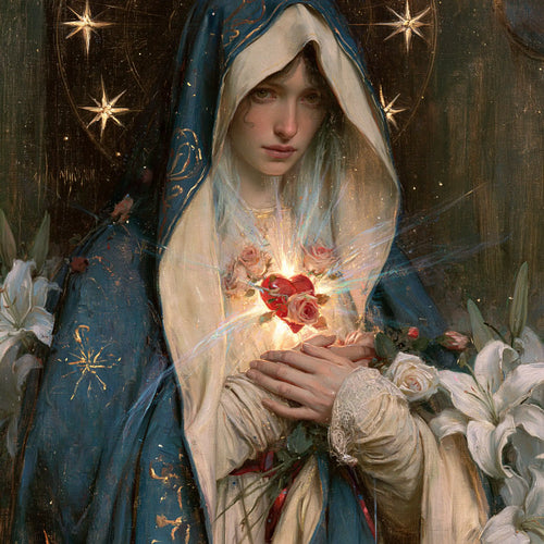 the Immaculate Heart of Mary in a symbolist composition in Symbolist style, square Christian artwork no. 10