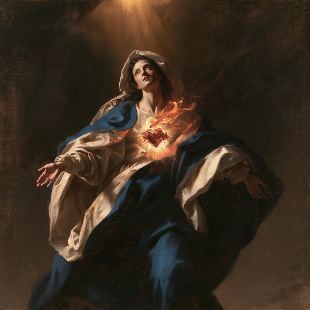 the Immaculate Heart of Mary in a theatrical Baroque scene in Theatrical Baroque style, square Christian artwork no. 1