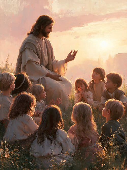 Jesus and the children gathered at dawn in Jesus and the Children at Dawn style, portrait Christian artwork no. 12