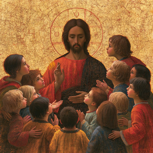 Jesus and the children in a contemporary Byzantine icon in Contemporary Byzantine style, square Christian artwork no. 1