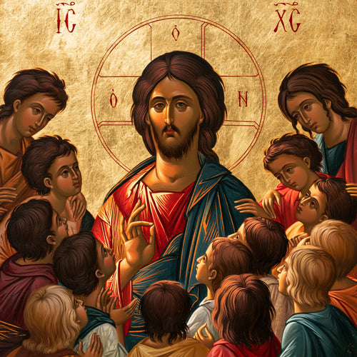 Jesus and the children in a contemporary Byzantine icon in Contemporary Byzantine style, square Christian artwork no. 8
