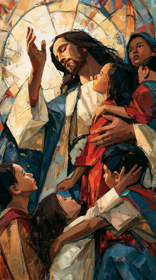 Jesus surrounded by children in an expressionist composition in Expressionist style, portrait Christian artwork no. 1