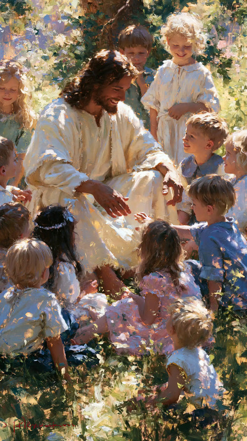 Jesus with children in an impressionist atmosphere in Impressionist style, portrait Christian artwork no. 5