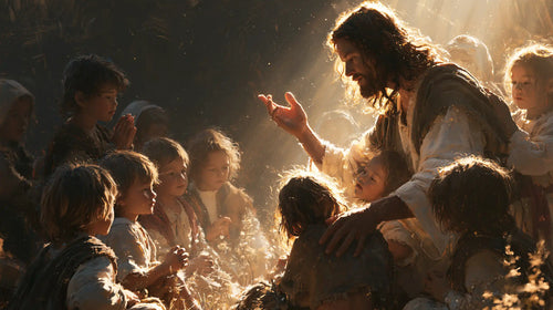 Jesus as divine light among the children in Jesus as Divine Light style, landscape Christian artwork no. 2