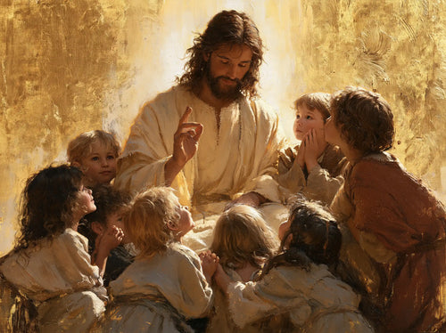 Jesus welcoming children in radiant golden light in Sacred Gold style, landscape Christian artwork no. 5