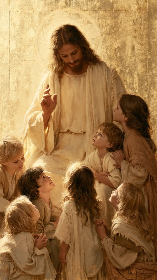 Jesus welcoming children in radiant golden light in Sacred Gold style, portrait Christian artwork no. 4
