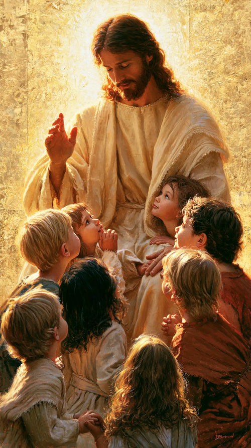 Jesus welcoming children in radiant golden light in Sacred Gold style, portrait Christian artwork no. 5