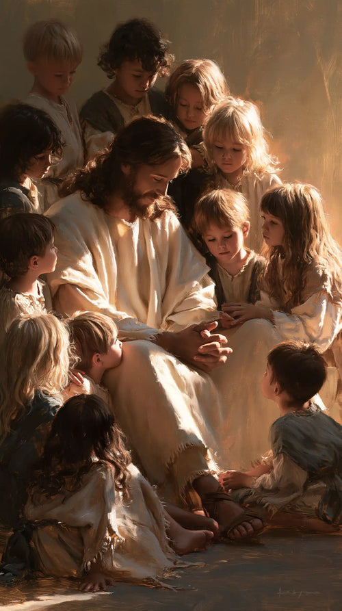 Jesus with children in a meditation on sacred innocence in Innocence as a Sacred Symbol style, portrait Christian artwork no. 8