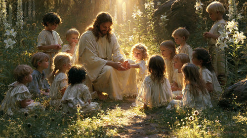 Jesus and the children in a symbolist composition in Symbolist style, landscape Christian artwork no. 4