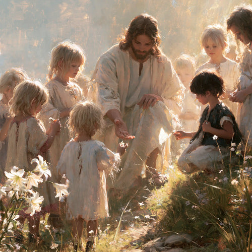 Jesus and the children in a symbolist composition in Symbolist style, square Christian artwork no. 6