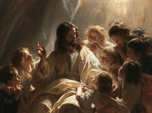 Jesus welcoming children in a theatrical Baroque scene in Theatrical Baroque style, landscape Christian artwork no. 3