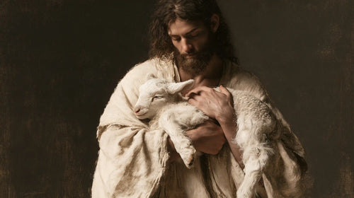 Jesus and the lamb in a minimalist composition in Contemporary Minimalism style, landscape Christian artwork no. 12