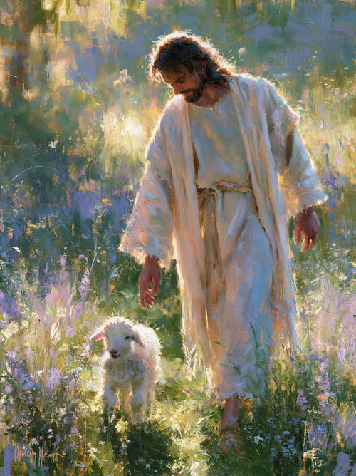 Jesus with a lamb in an impressionist pastoral scene in Impressionist style, portrait Christian artwork no. 8