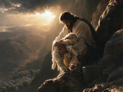 Jesus saving a lamb from danger in Jesus Saving the Lamb style, landscape Christian artwork no. 2