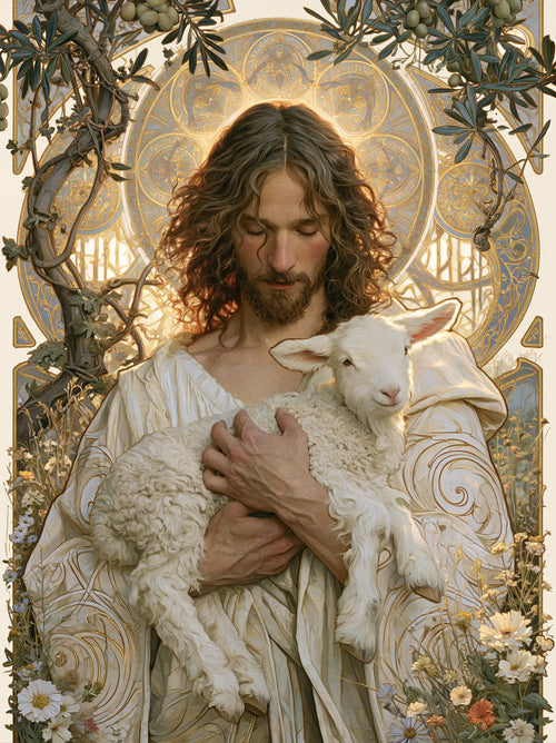 Jesus and the lamb framed by sacred Art Nouveau ornament in Sacred Art Nouveau style, portrait Christian artwork no. 7