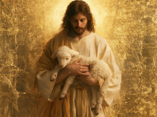 Jesus and the Lamb — The Shepherd in Crackled Gold