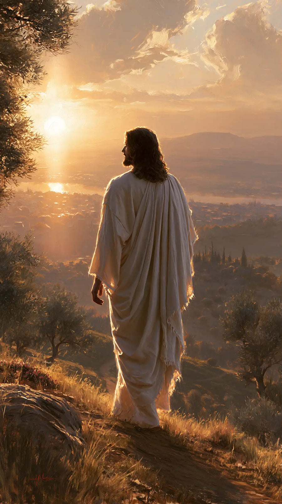 Jesus walking along a hillside at sunset in Sacred Silence style, portrait Christian artwork no. 2