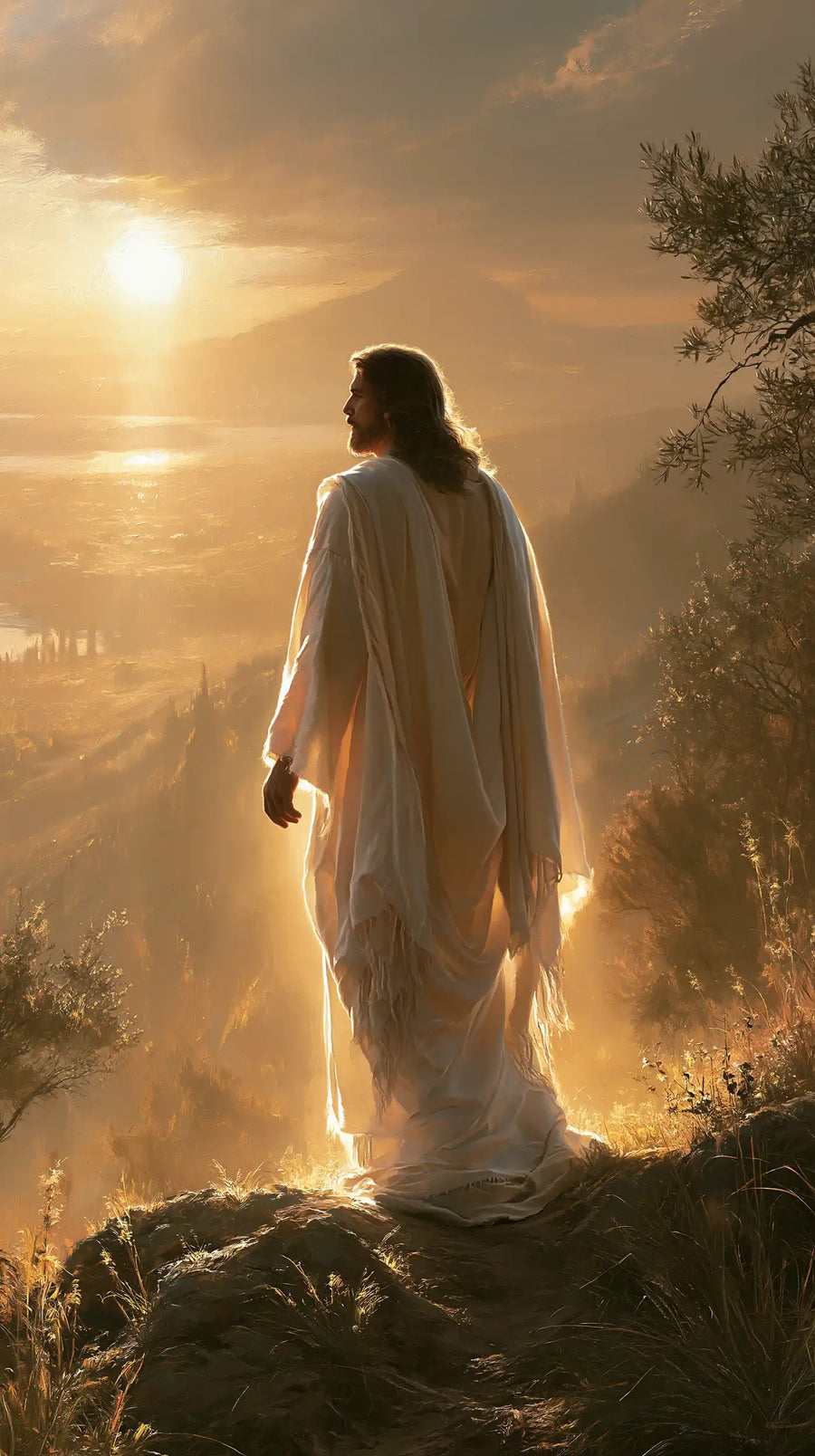 Jesus walking along a hillside at sunset in Sacred Silence style, portrait Christian artwork no. 8