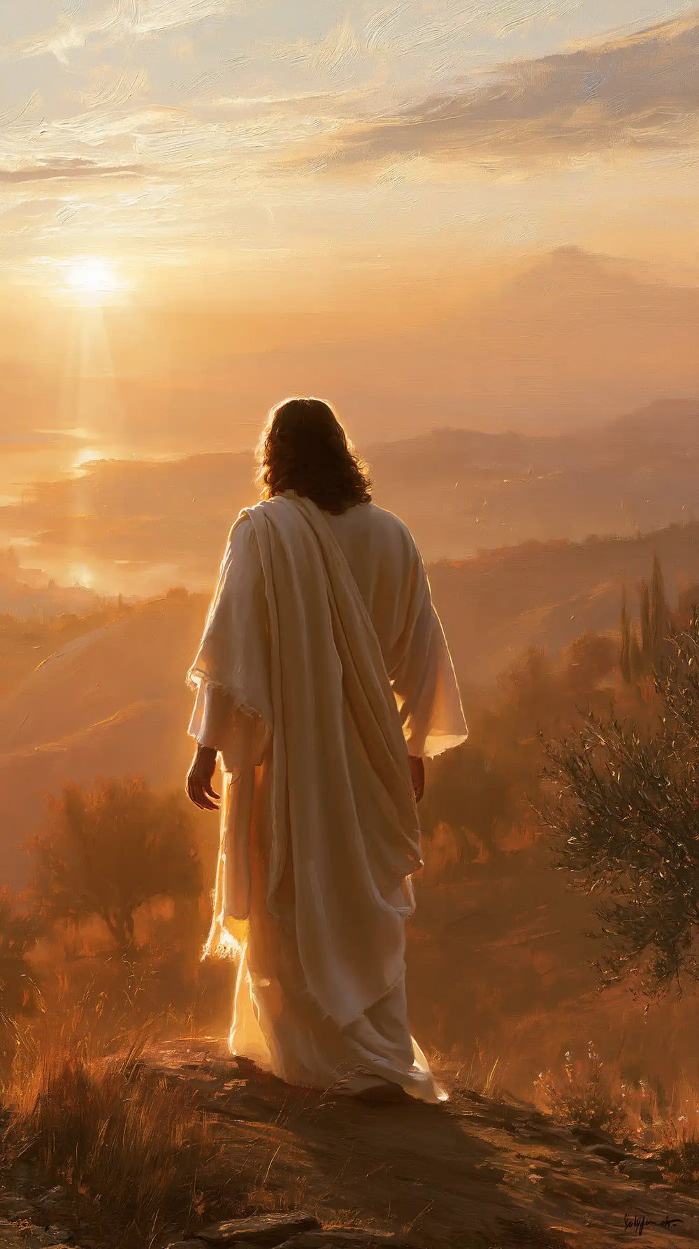 Jesus walking along a hillside at sunset in Sacred Silence style, portrait Christian artwork no. 10