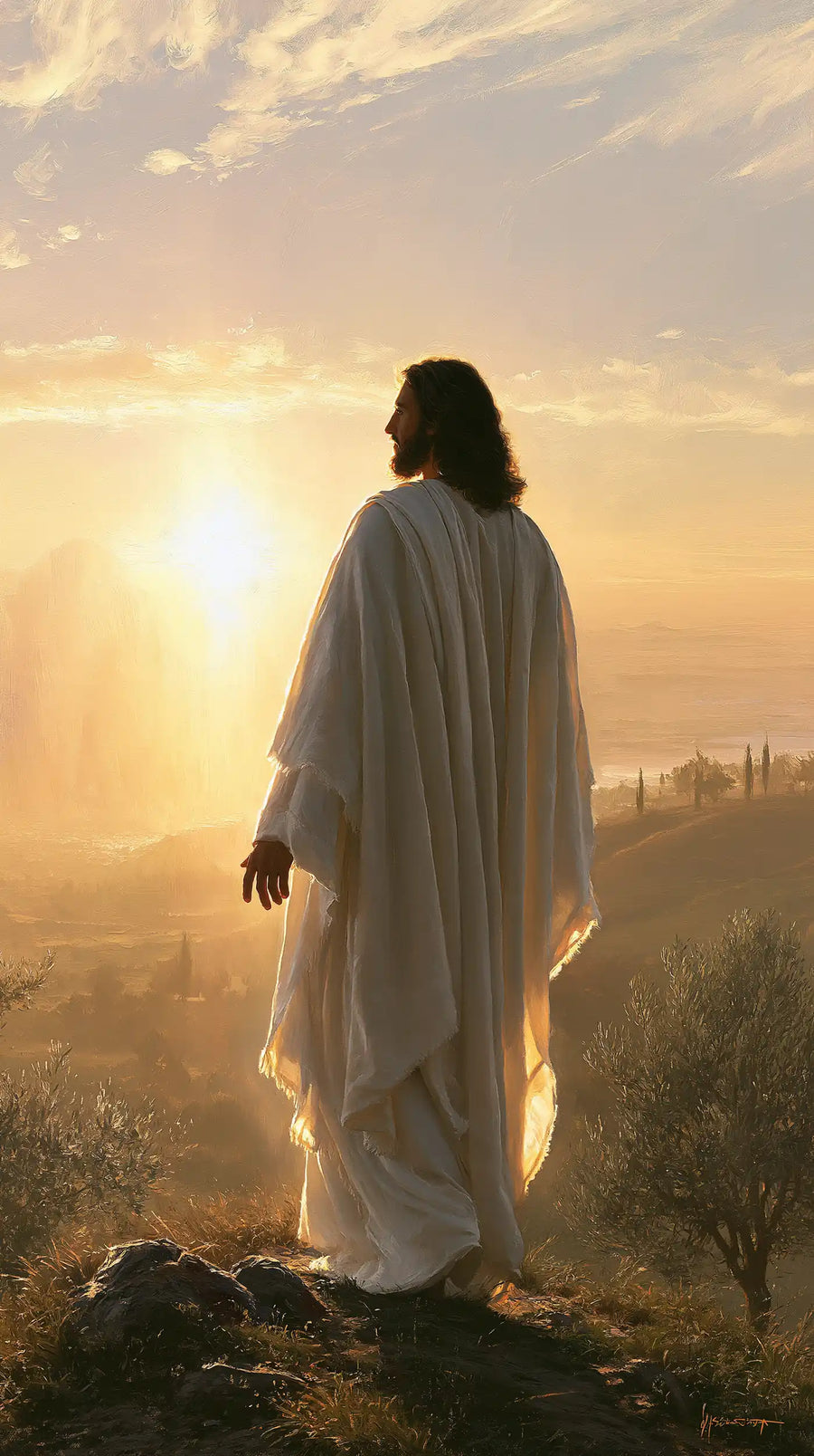 Jesus walking along a hillside at sunset in Sacred Silence style, portrait Christian artwork no. 20