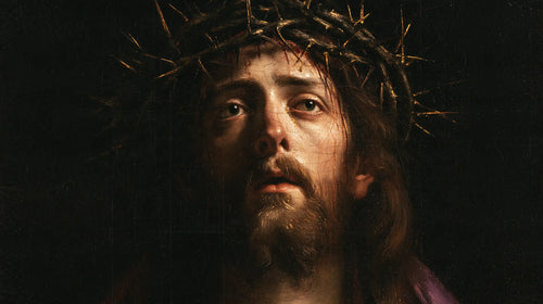 Jesus crowned with thorns in black and gold in Black and Gold style, landscape Christian artwork no. 11