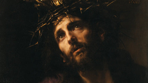 Jesus crowned with thorns in black and gold in Black and Gold style, landscape Christian artwork no. 12