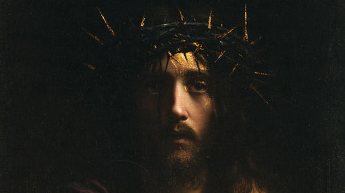 Jesus crowned with thorns in black and gold in Black and Gold style, landscape Christian artwork no. 13