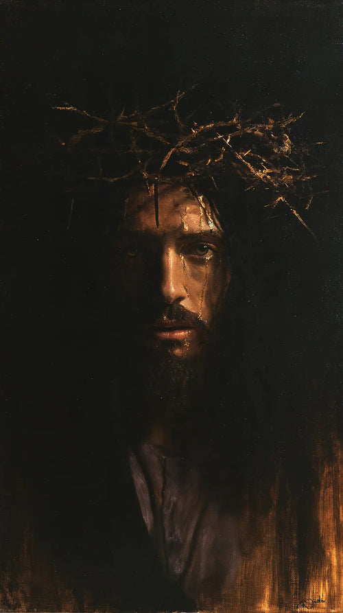 Jesus crowned with thorns in black and gold in Black and Gold style, portrait Christian artwork no. 5