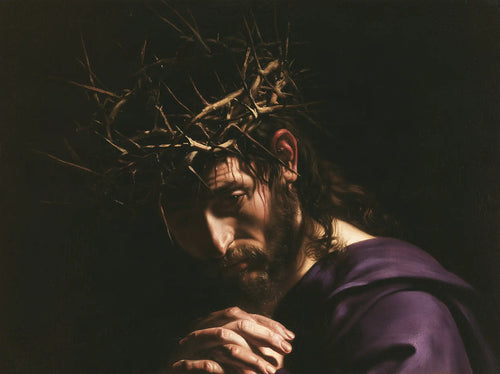 Jesus crowned with thorns in dramatic chiaroscuro in Caravaggio Tenebrism style, landscape Christian artwork no. 8