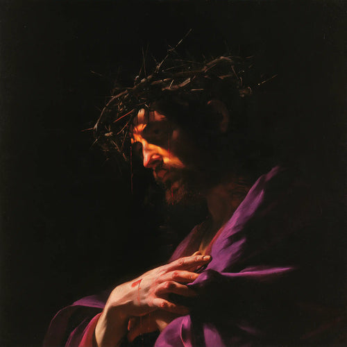 Jesus crowned with thorns in dramatic chiaroscuro in Caravaggio Tenebrism style, square Christian artwork no. 7