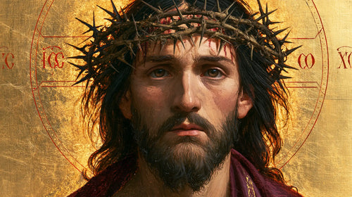 Jesus crowned with thorns in a contemporary Byzantine icon in Contemporary Byzantine style, landscape Christian artwork no. 9