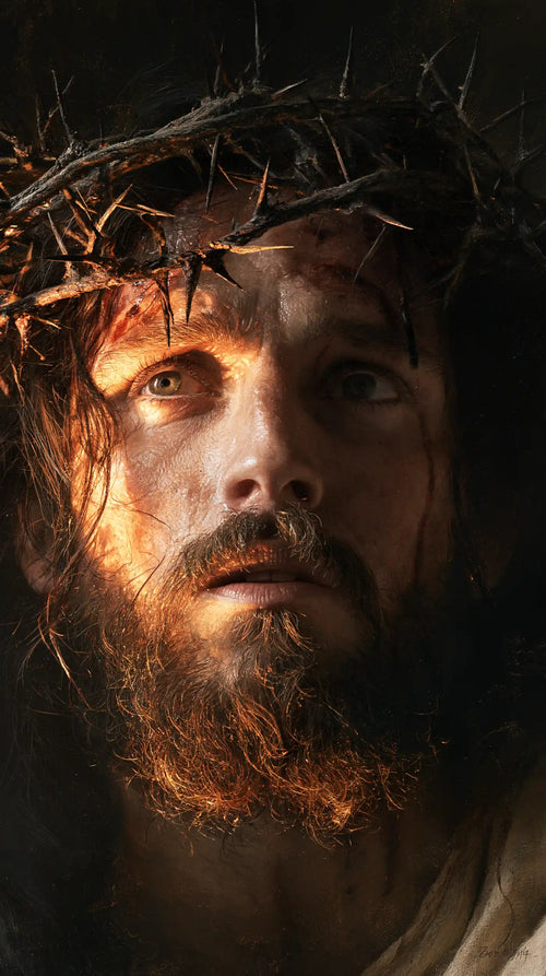 Jesus crowned with thorns as divine light in suffering in Jesus as Divine Light in Suffering style, portrait Christian artwork no. 6
