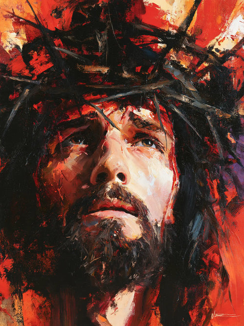 Jesus crowned with thorns in an expressionist composition in Expressionist style, portrait Christian artwork no. 15