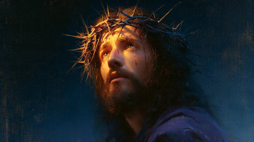 Jesus crowned with thorns in midnight blue chiaroscuro in Midnight Blue Chiaroscuro style, landscape Christian artwork no. 9