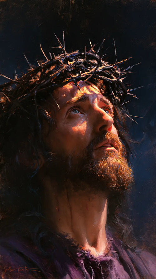 Jesus crowned with thorns in midnight blue chiaroscuro in Midnight Blue Chiaroscuro style, portrait Christian artwork no. 1