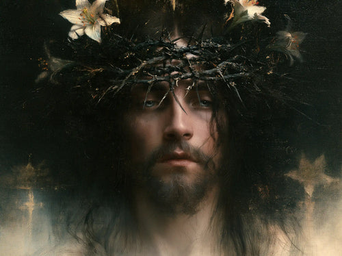 Jesus crowned with thorns in a symbolist composition in Symbolist style, landscape Christian artwork no. 2