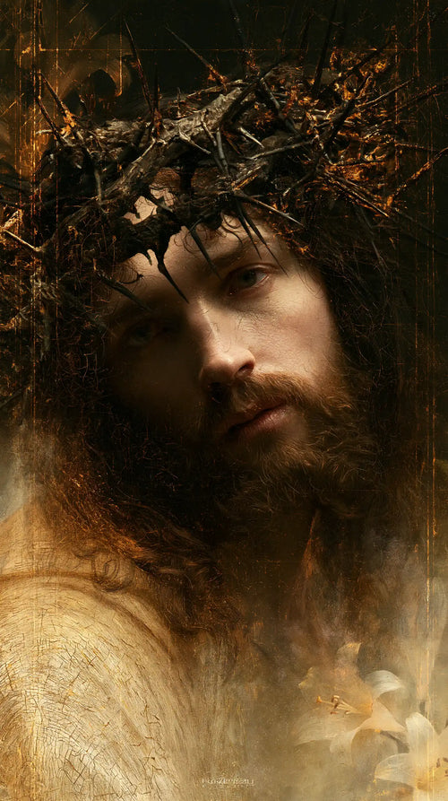 Jesus crowned with thorns in a symbolist composition in Symbolist style, portrait Christian artwork no. 7
