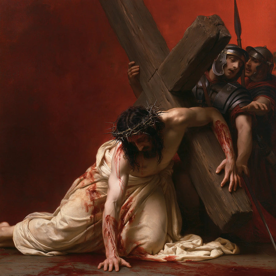Jesus Falls beneath the Cross — The Third Station in Crimson Shadow