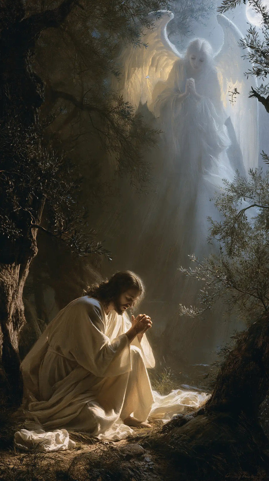 Jesus in Gethsemane — Prayer beneath a Heavenly Veil