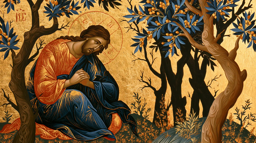 Jesus in Gethsemane — The Heart beneath Lapis Leaves