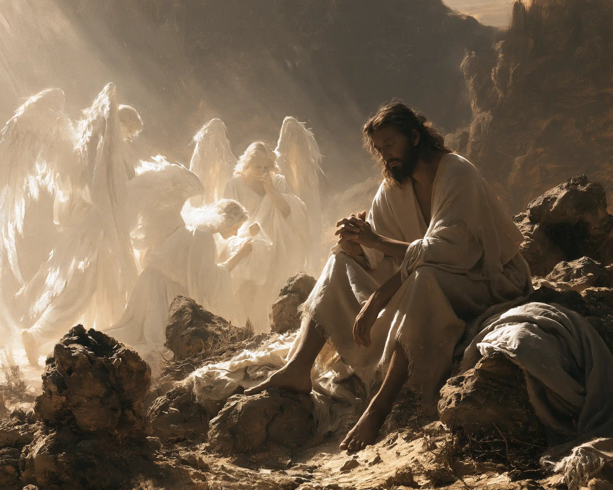 angels ministering to Jesus after the temptation in Angels After the Temptation style, landscape Christian artwork no. 7